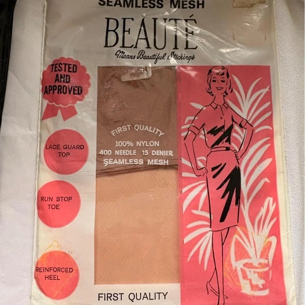Vintage 1960s Beute nylon seamless mesh stockings in tan pantyhose